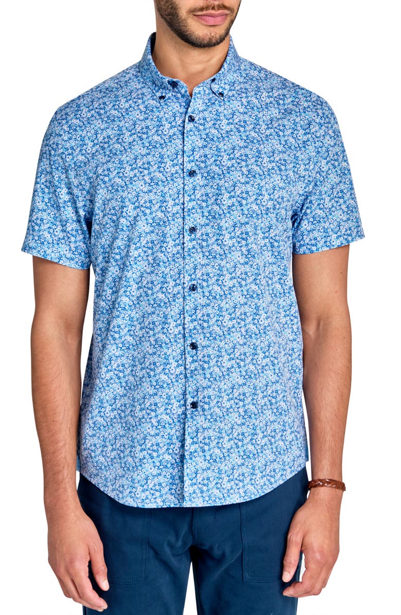 Brooklyn Brigade Micro Floral Recycled 4-Way Stretch Performance Short Sleeve Shirt, Main, color, Blue