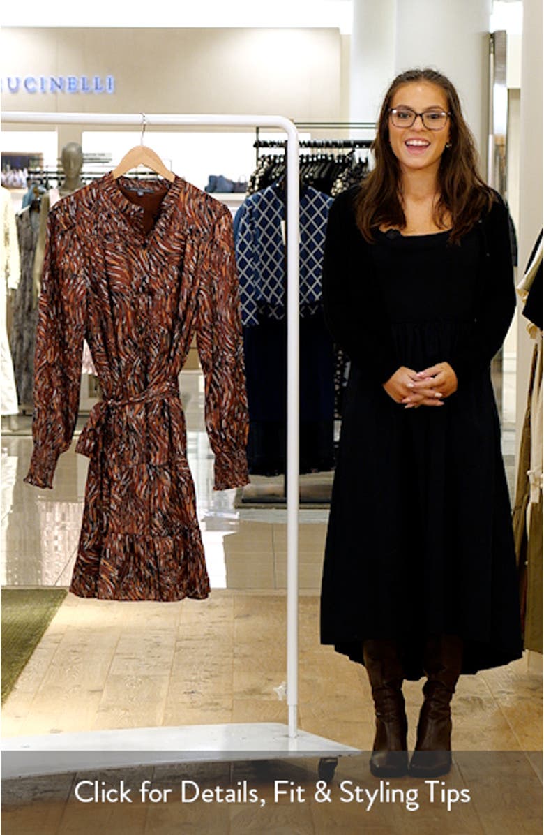 Tiered Long Sleeve Tie Waist Button Front Satin Dress, sales video thumbnail