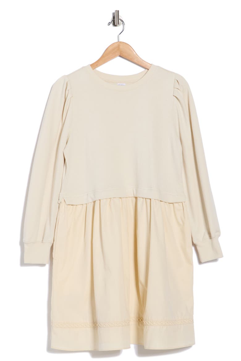 Fleece Woven Mixed Media Long Sleeve Dress, Alternate, color, IVORY DOVE