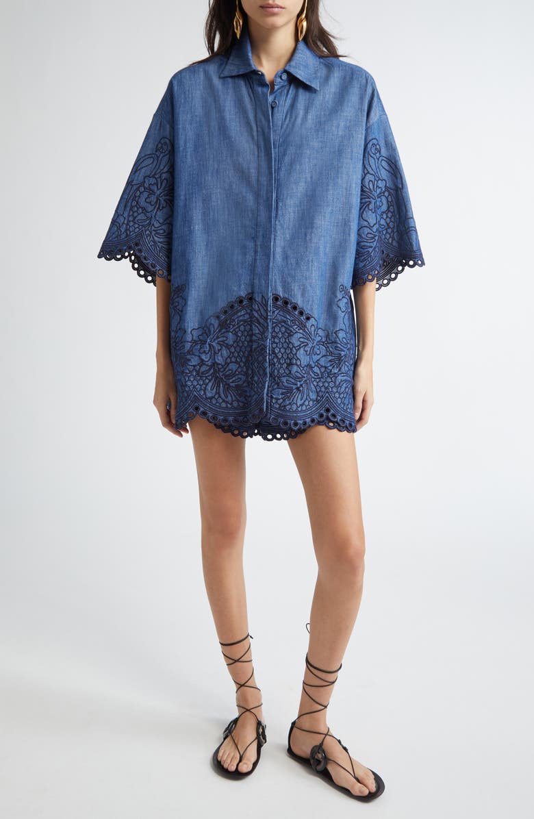 Zimmermann Coco Embroidered Chambray Shirt, Main, color, Railway Blue