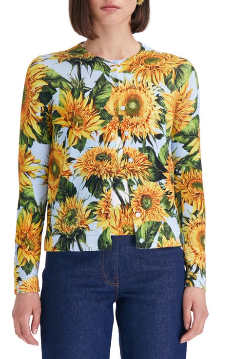 Sunflower Print Cotton Blend Cardigan