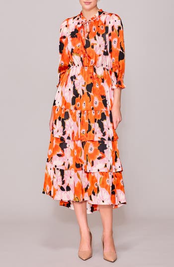 Melloday Three-quarter Sleeve Satin Midi Dress