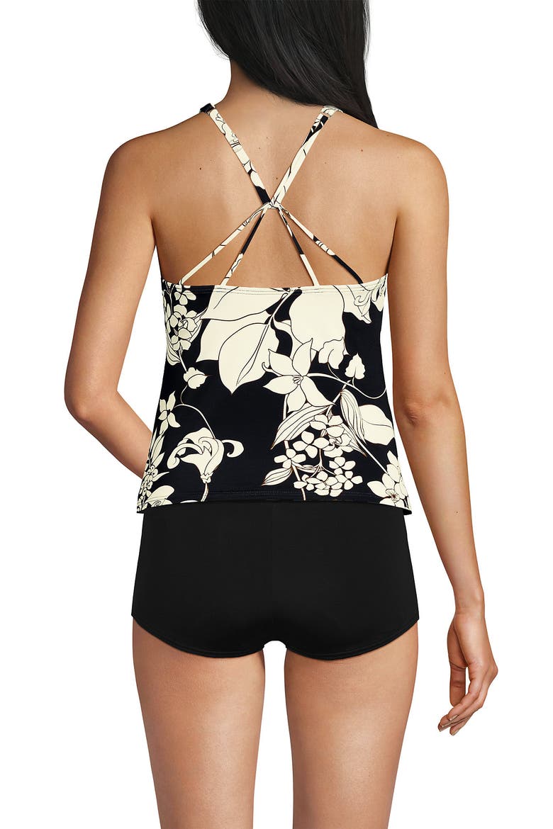 DDD-Cup Chlorine Resistant Tugless High Neck Strappy Back Tankini Swimsuit Top, Alternate, color, Black/Egret Lilies