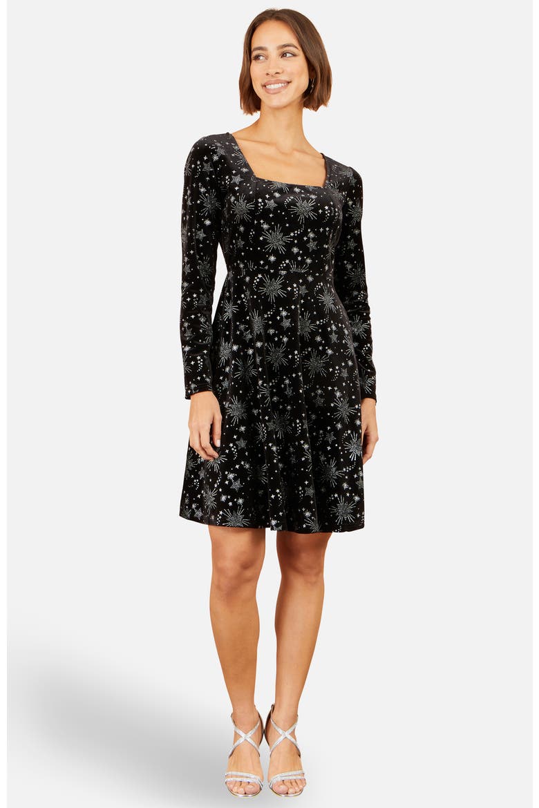 Starburst Foil Skater Dress, Main, color, Black
