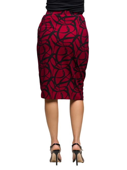 24seven Comfort Apparel Plus Size Burgundy Print Ruched Knee Length Skirt In Multi