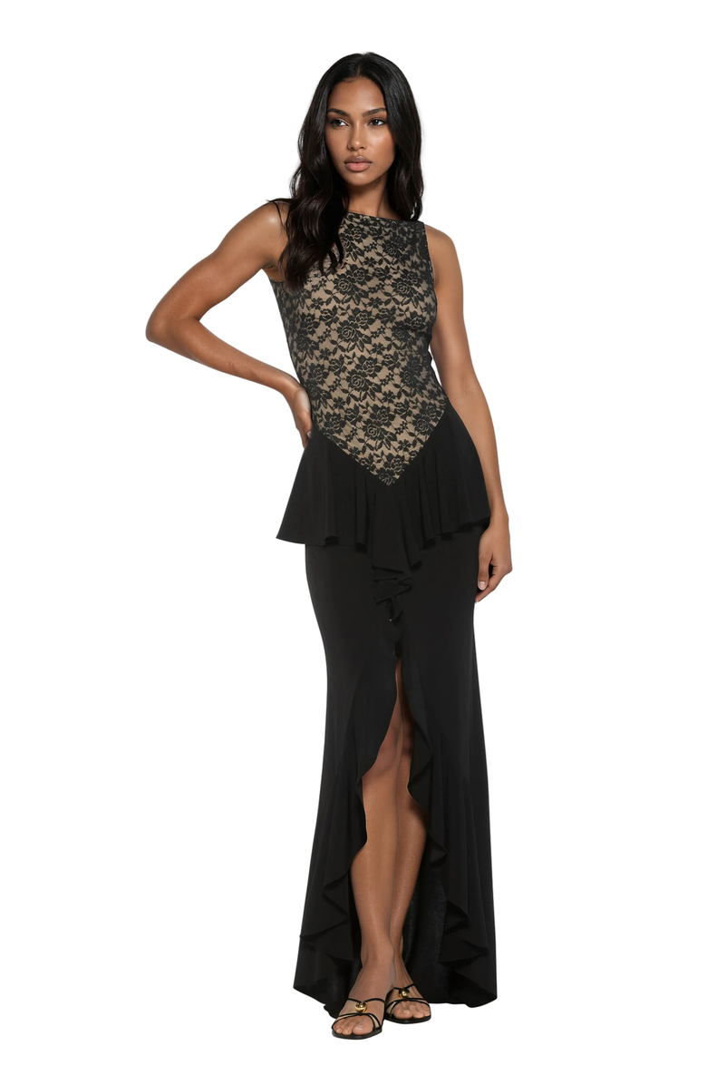 Alexia Admor Perrin Boatneck Ruffle Gown, Main, color, Black