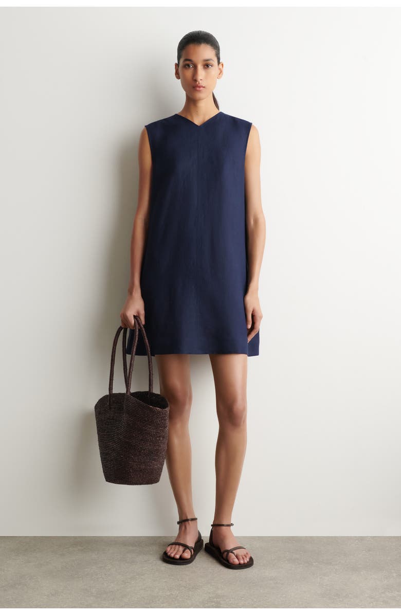 COS V-neck Open-back Linen Mini Dress, Main, color, Navy
