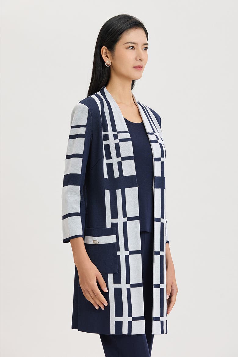 Heritage Two-Tone Geometric Knit Duster, Alternate, color, Indigo/White