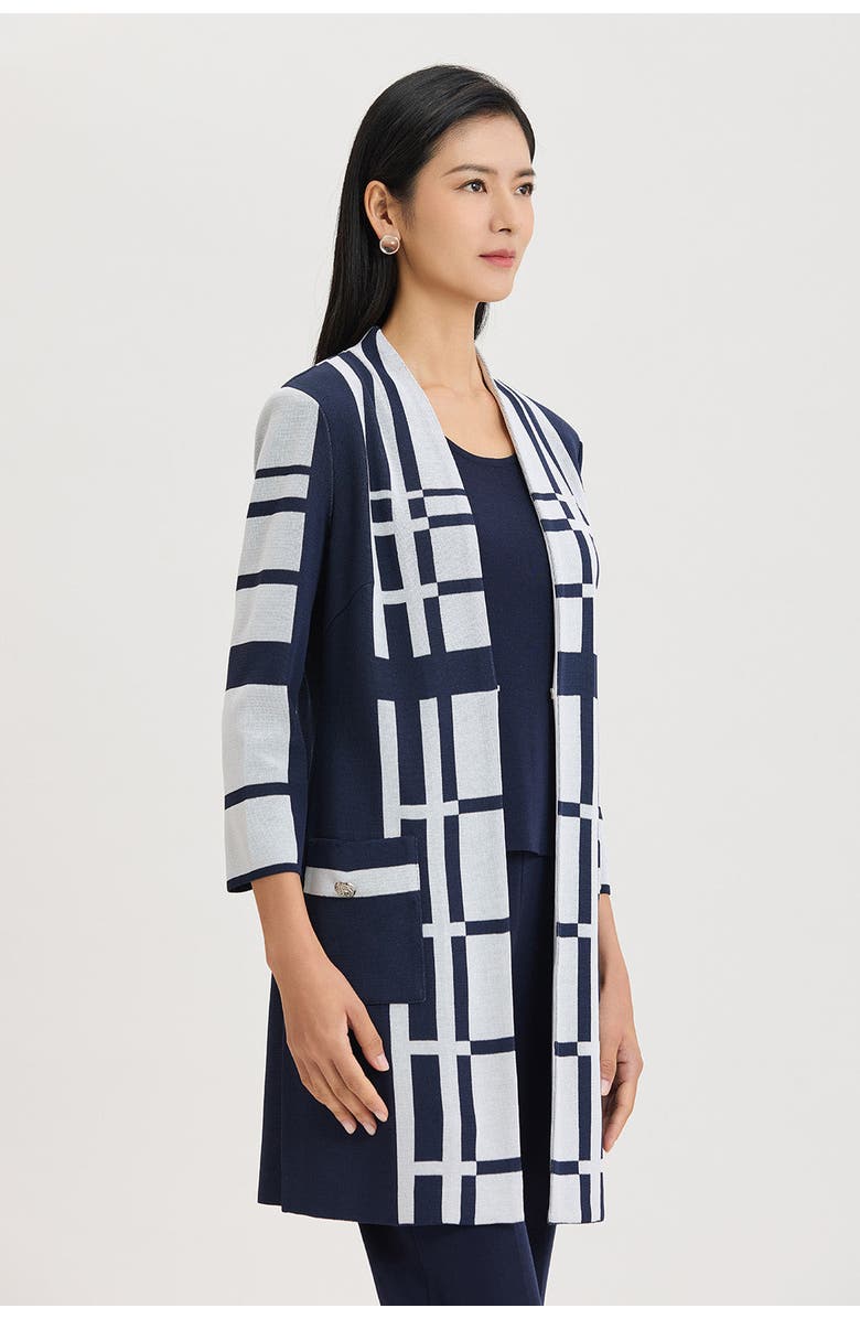 Ming Wang Heritage Two-Tone Geometric Knit Duster, Alternate, color, Indigo/White