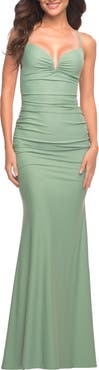 La Femme Stunning Luxe Jersey Dress with Deep V Neckline