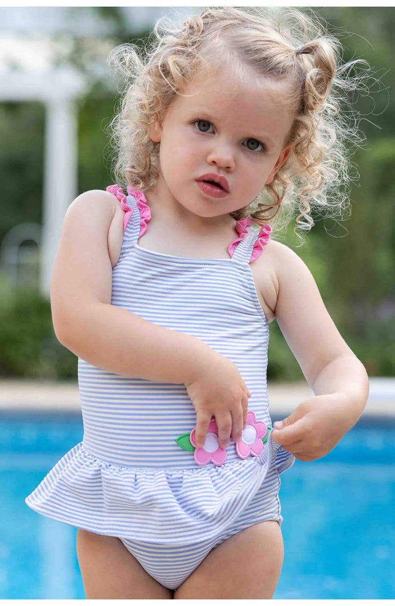 Florence Eiseman Seersucker Swimsuit With Flowers, Alternate, color, Blue/White