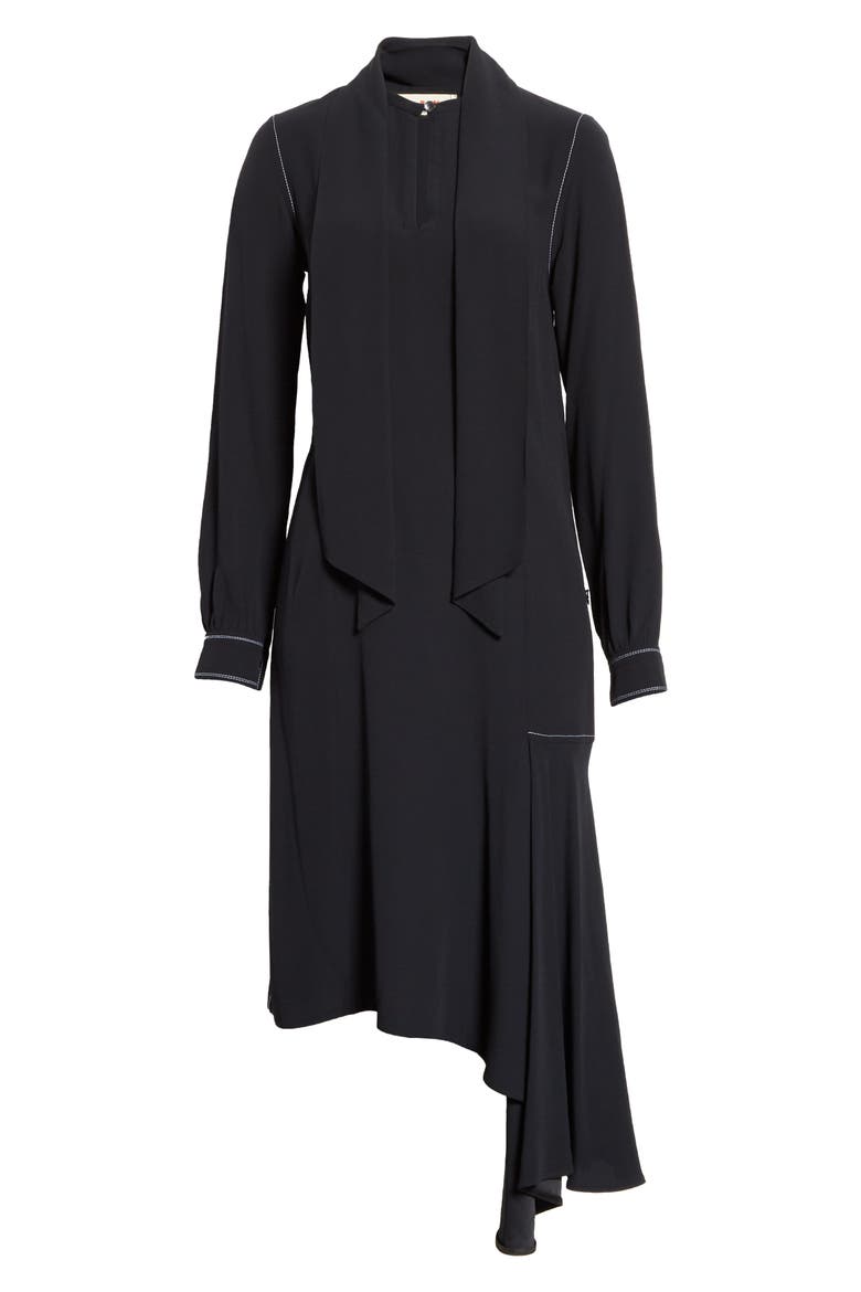 Asymmetrical Long Sleeve Satin Crepe Midi Dress, Alternate, color, DEEP BLUE