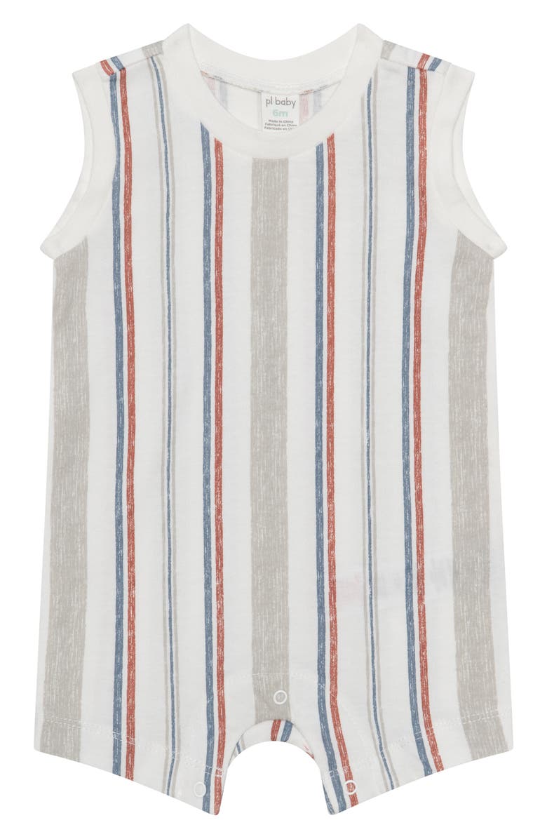 PL Baby by Petit Lem Romper & Bucket Hat Set, Alternate, color, Light Grey Stripe