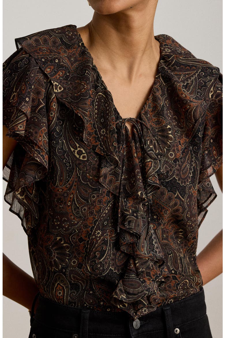 Paisley Ruffle Trim Georgette Top, Alternate, color, BLACK/ MULTI