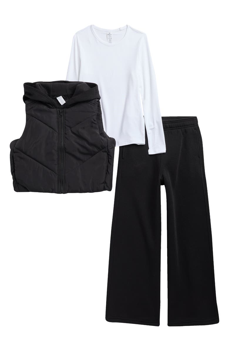 90 DEGREE BY REFLEX Kids' Quilted Vest, Long Sleeve Top & Flare Pants Set, Main, color, Black/ White