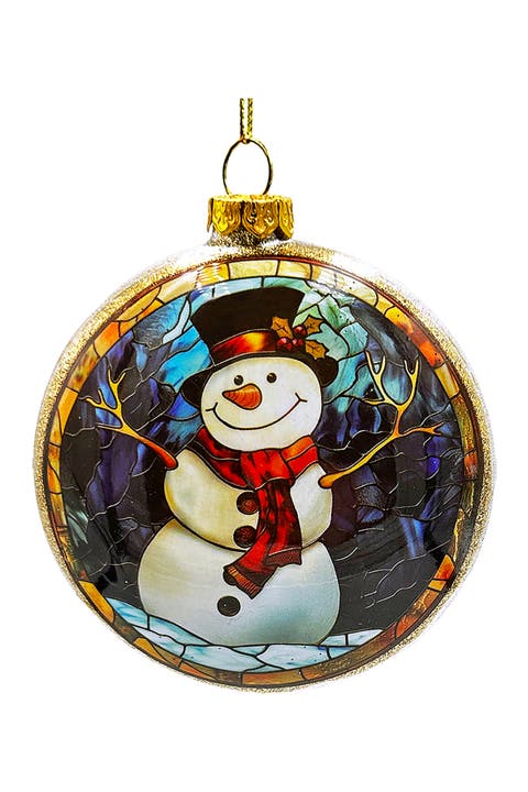 Top Hat Snowman Stained Glass Disc Ornament