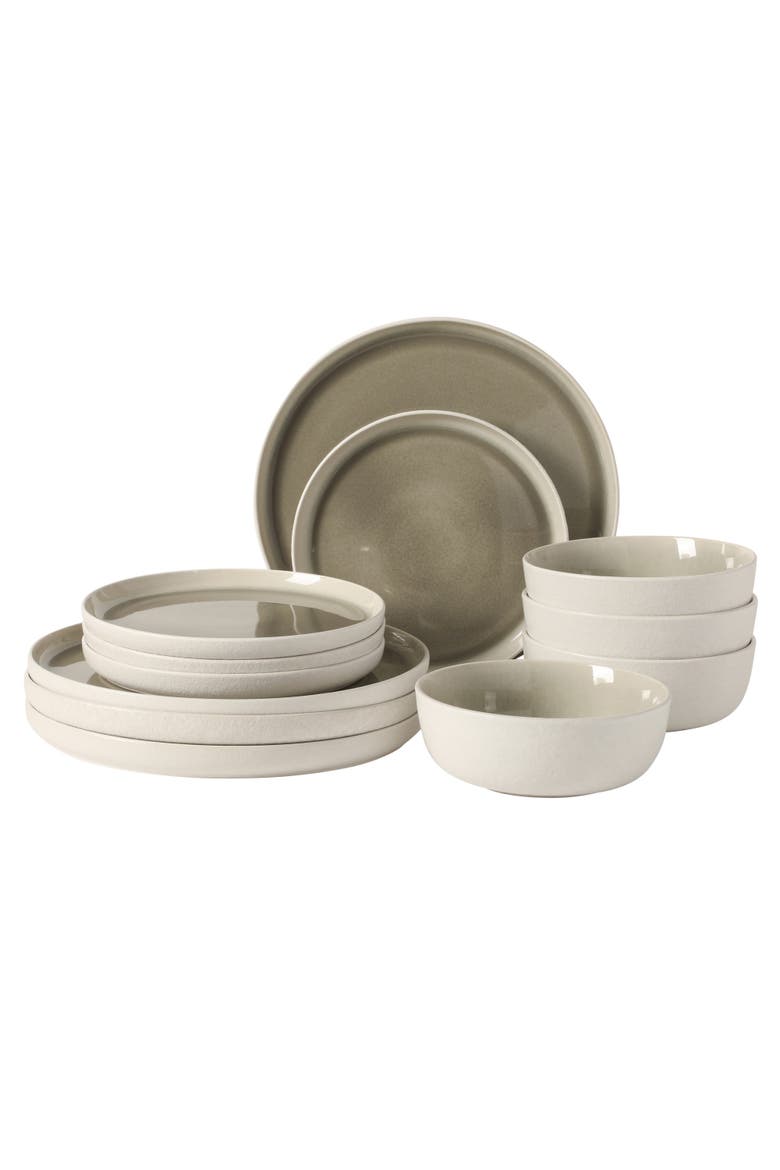 Tahoe Sunset 12-Piece Stoneware Plates and Bowls Dinnerware Set, Main, color, Grey