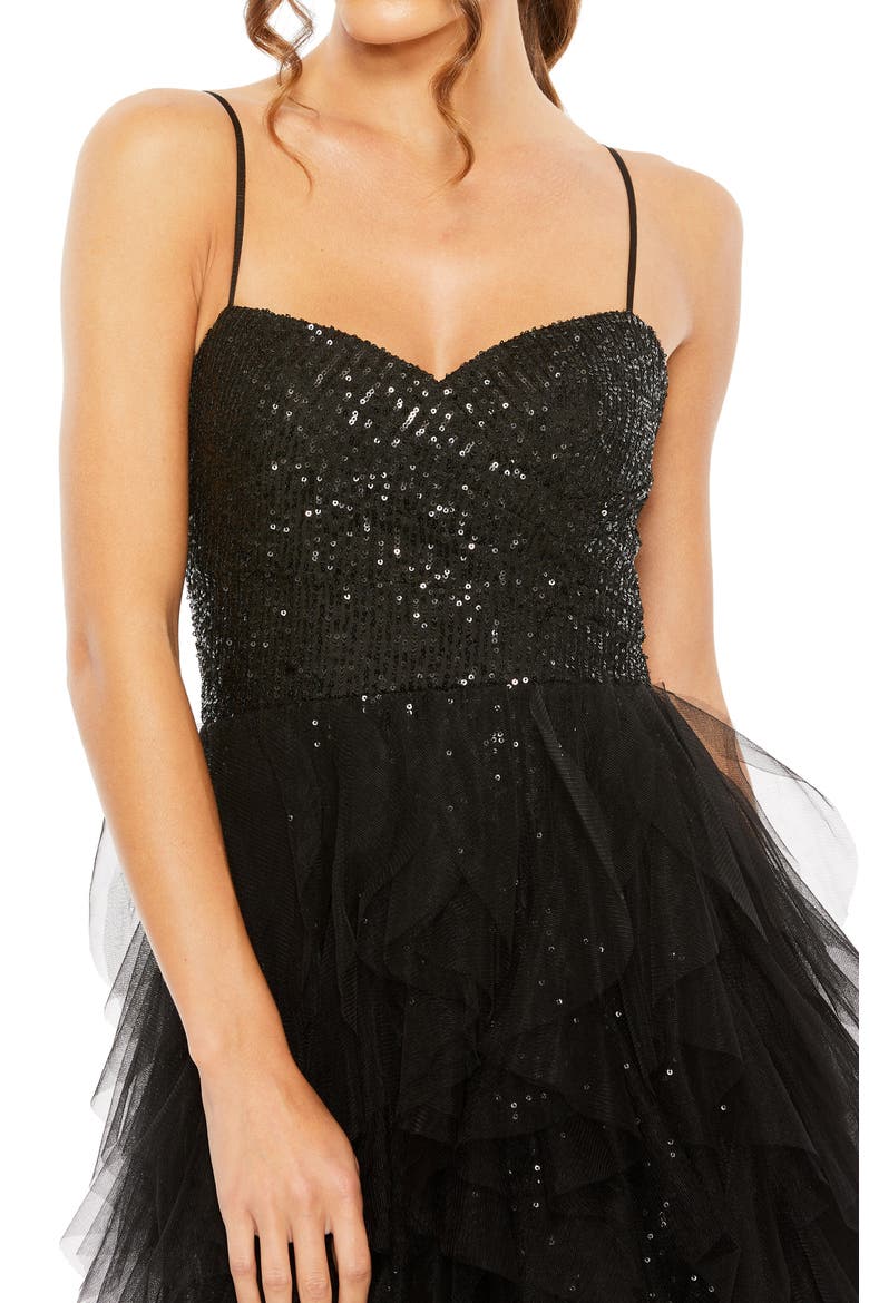 Ruffle High Low Tiered Train Sequin Mini Dress, Alternate, color, Black