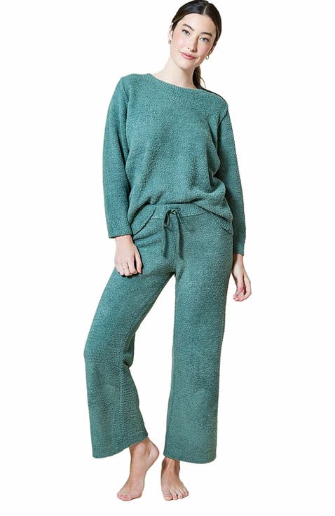 Solid Marshmallow Reverse Seam Crew Neck Lounge Set with Bracelet Sleeve