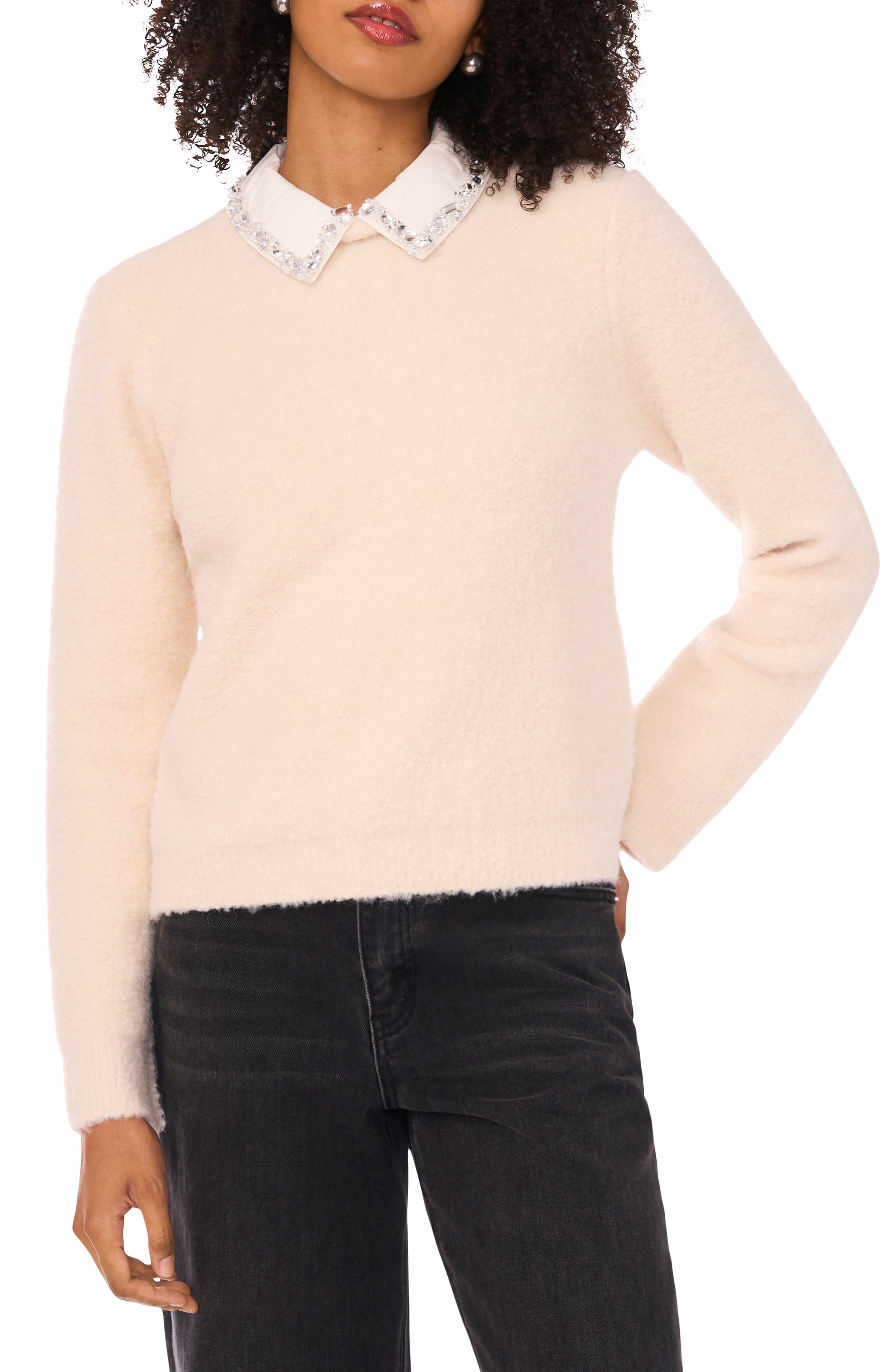 1.STATE Crystal Embellished Collar Sweater