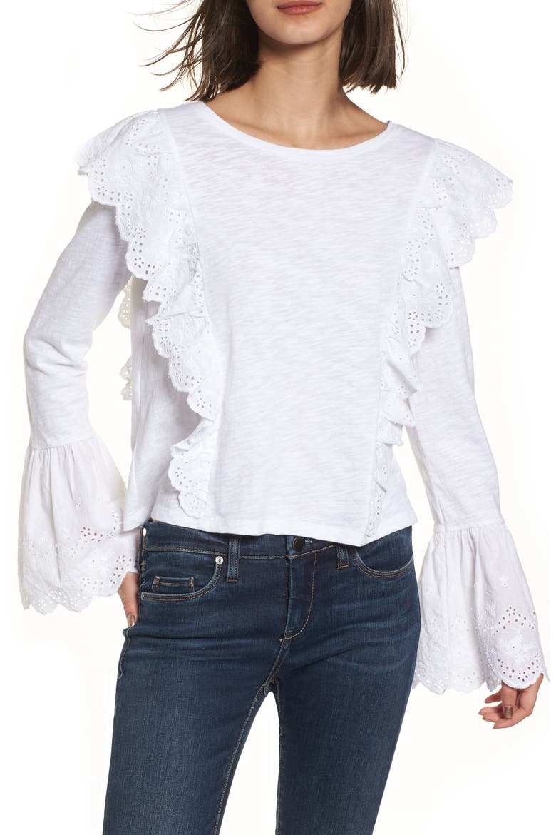 Eyelet Trim Long Sleeve Tee, Main, color, WHITE