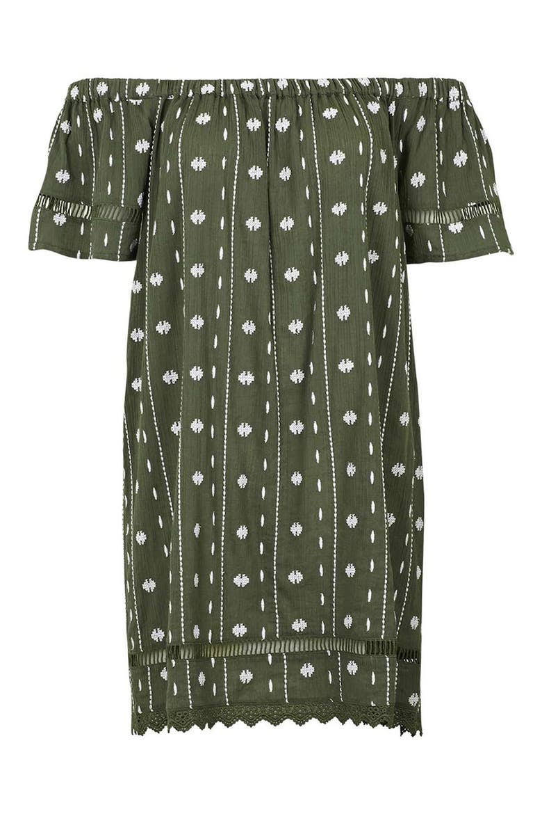 Embroidered Off the Shoulder Dress, Alternate, color, OLIVE