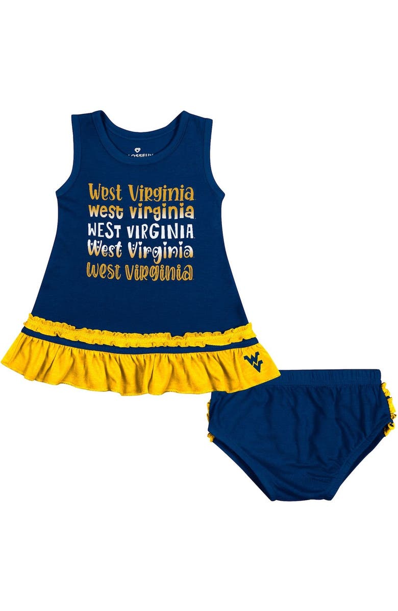COLOSSEUM Girls Infant Colosseum Navy West Virginia Mountaineers Ruffle Toons Dress & Bloomers Set, Main, color,