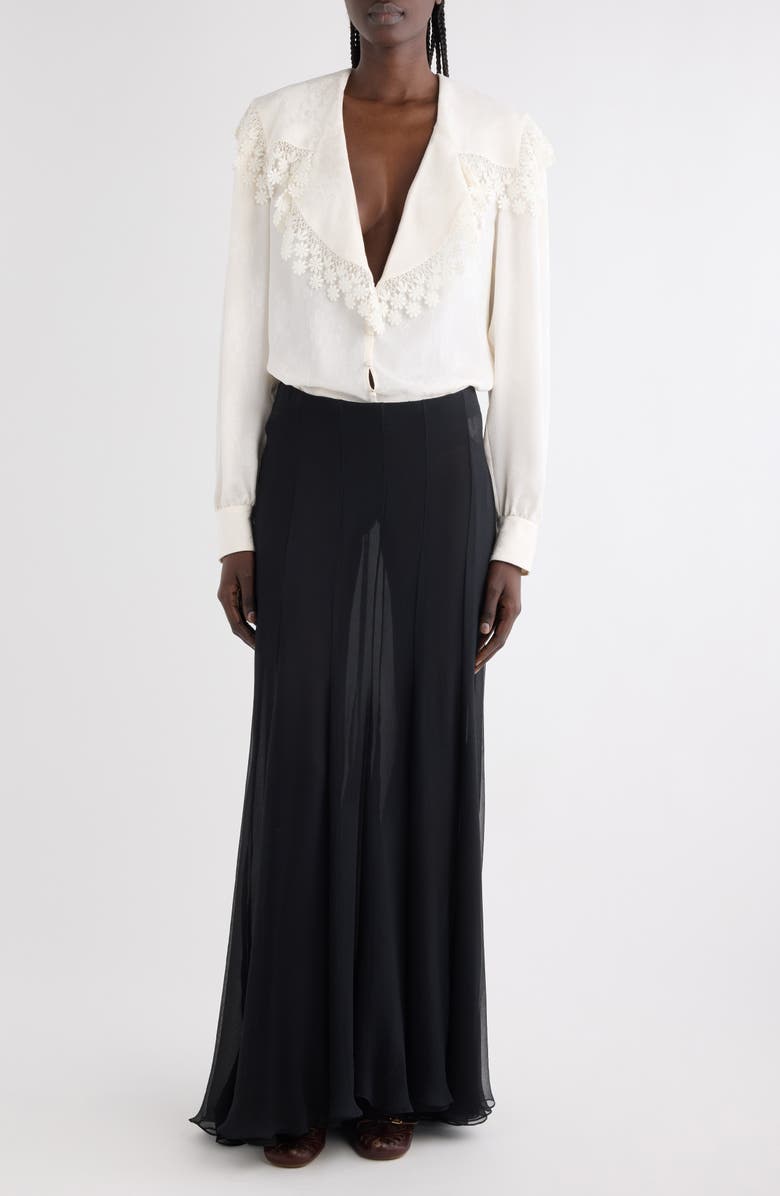 Chloé Floral Lace Trim Organic Silk Button-Up Shirt, Main, color, Iconic Milk