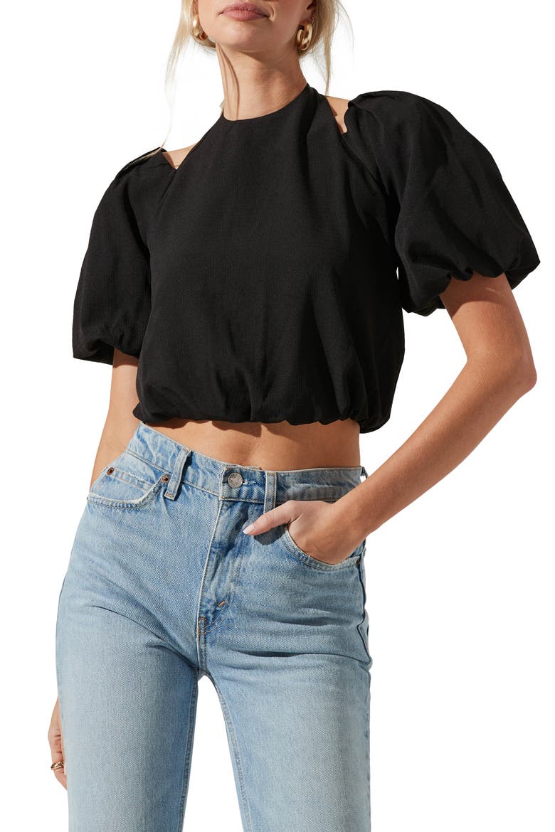 Tie Neck Cutout Crop Top, Main, color, BLACK