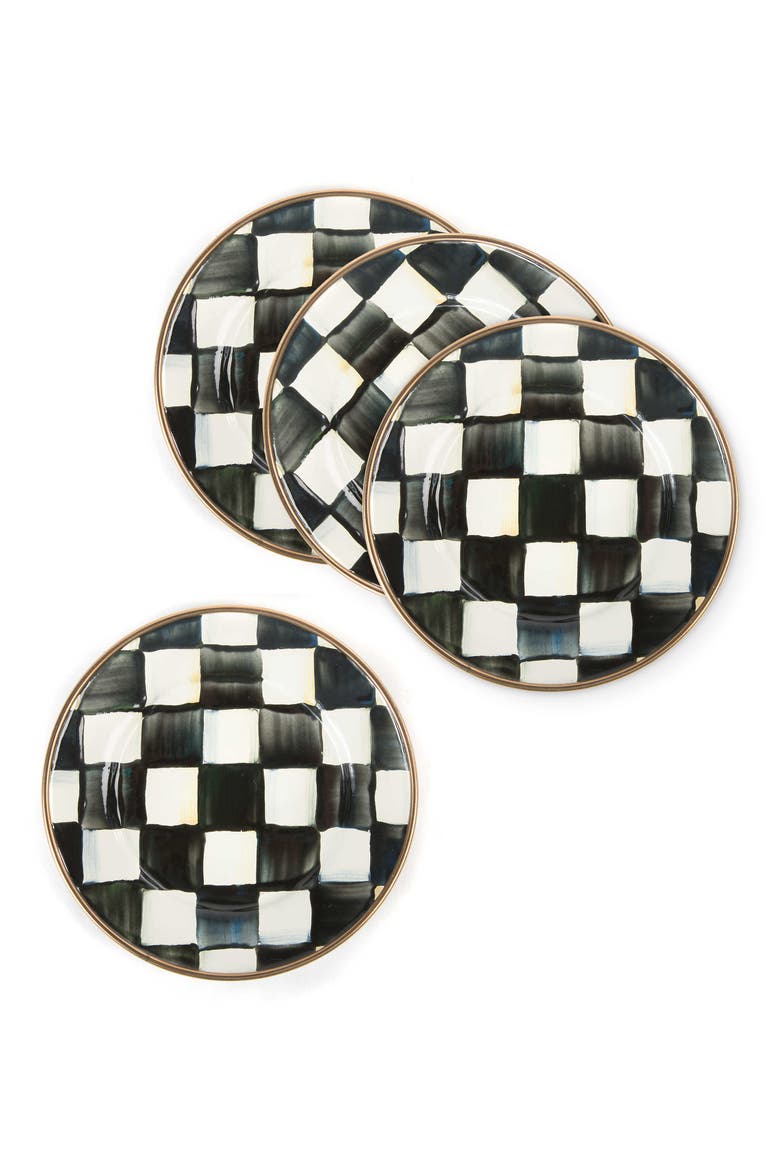 Courtly Check Set of 4 Enameled Steel Appetizer Plates, Alternate, color, BLACK/ WHITE