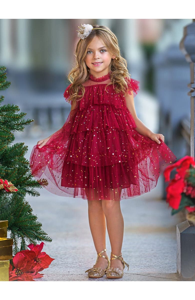 Mia Belle Girls Dancing Star Sequin Tiered Tulle Dress, Alternate, color, Red