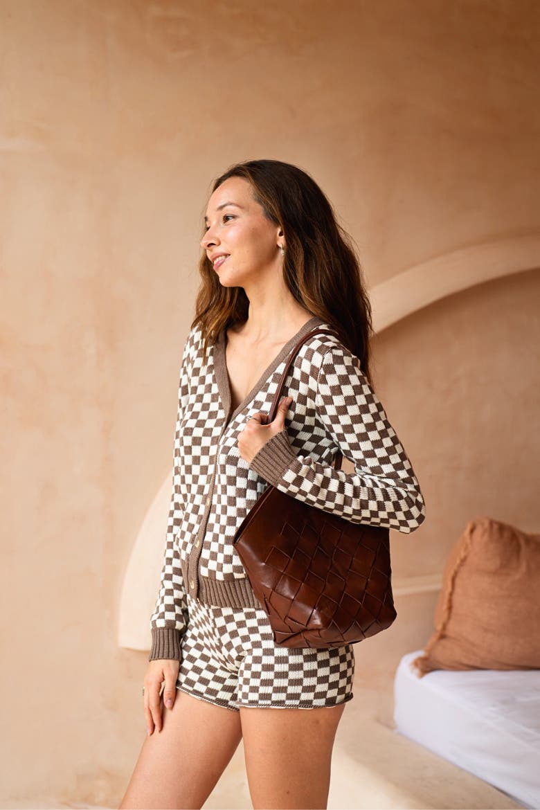 Annie Checked Knit Cardigan, Alternate, color, Brown