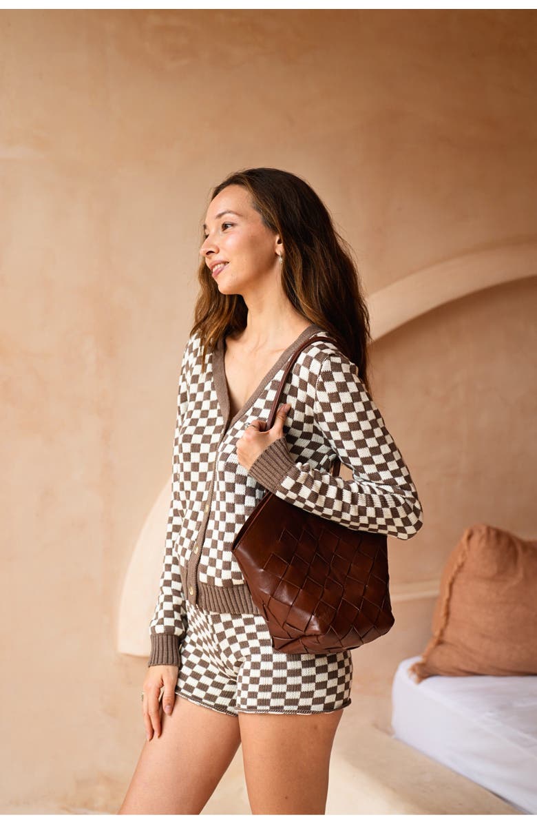 PINK HALEY Annie Checked Knit Cardigan, Alternate, color, Brown