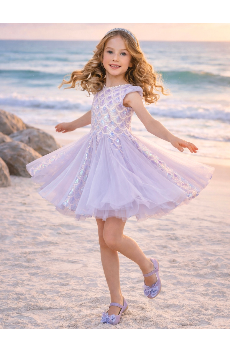 Mia Belle Girls Seaside Shimmer Mermaid Tulle Dress, Alternate, color, Purple