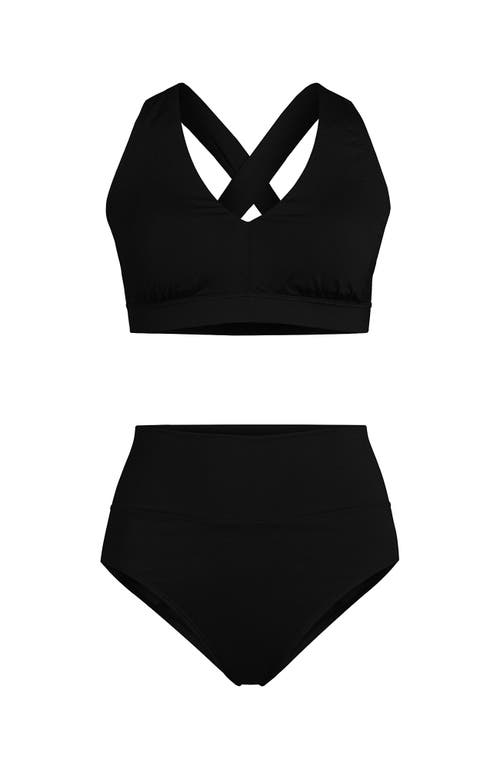 Shop Lands' End Chlorine Resistant V-neck Midkini Swimsuit Top And High Leg High Waisted Bottoms 2 Piece In Black
