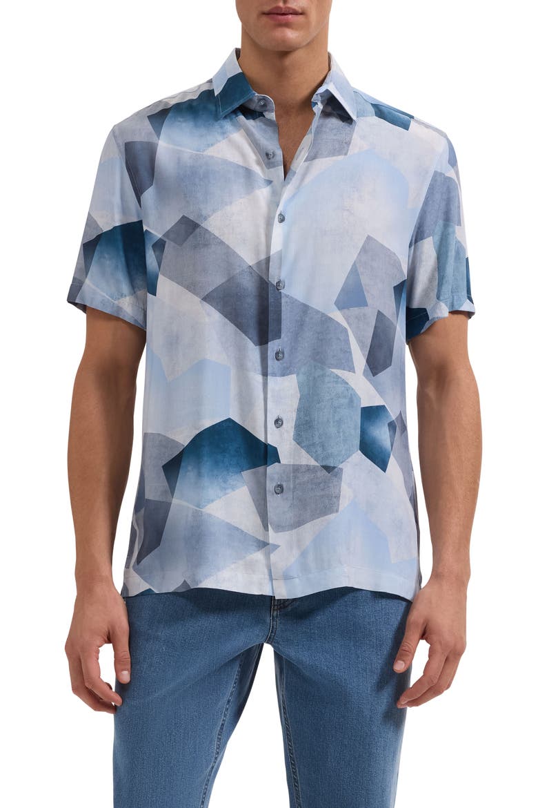 Vero Shaped Fit Abstract Geometric Print Short Sleeve Button-Up Shirt, Main, color, HAZY BLUE