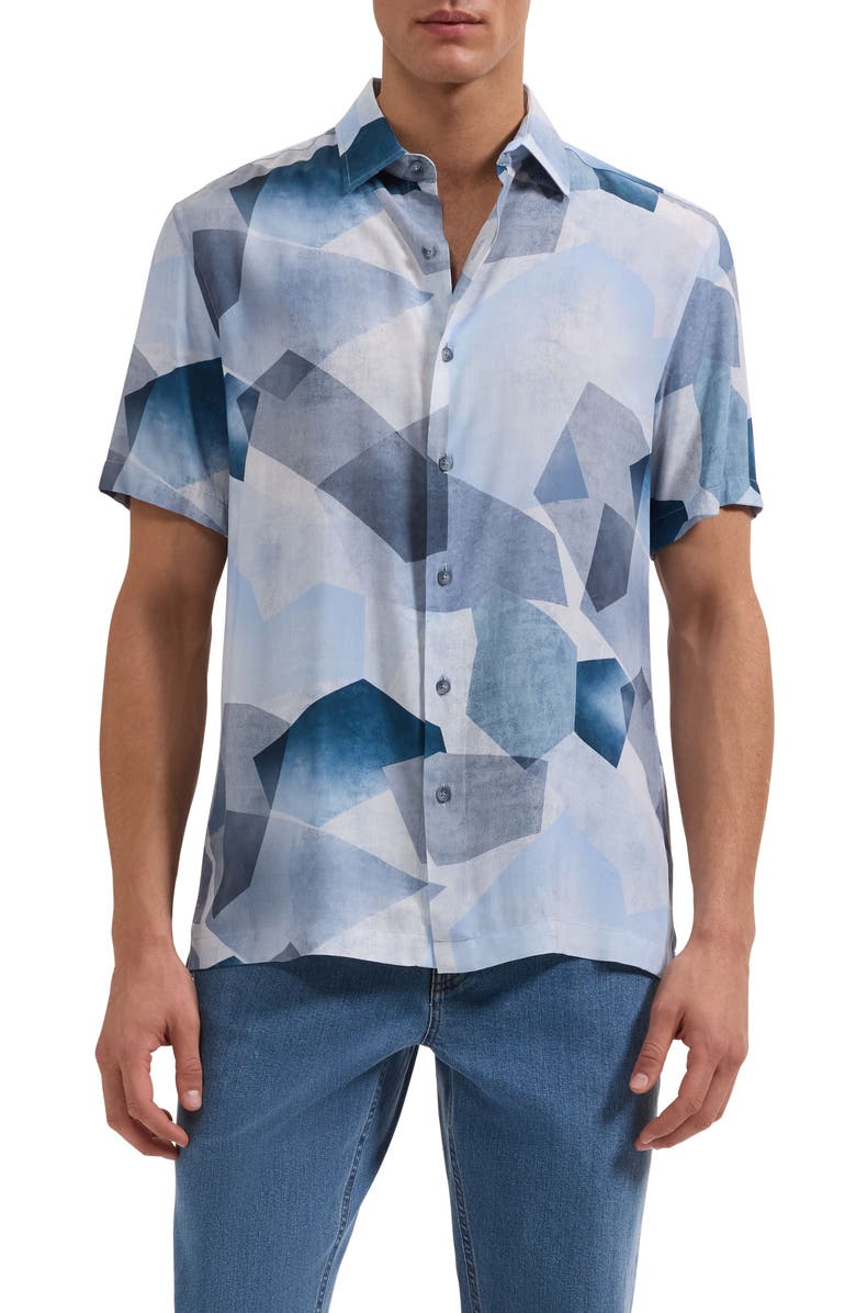 Bugatchi Vero Shaped Fit Abstract Geometric Print Short Sleeve Button-Up Shirt, Main, color, Hazy Blue