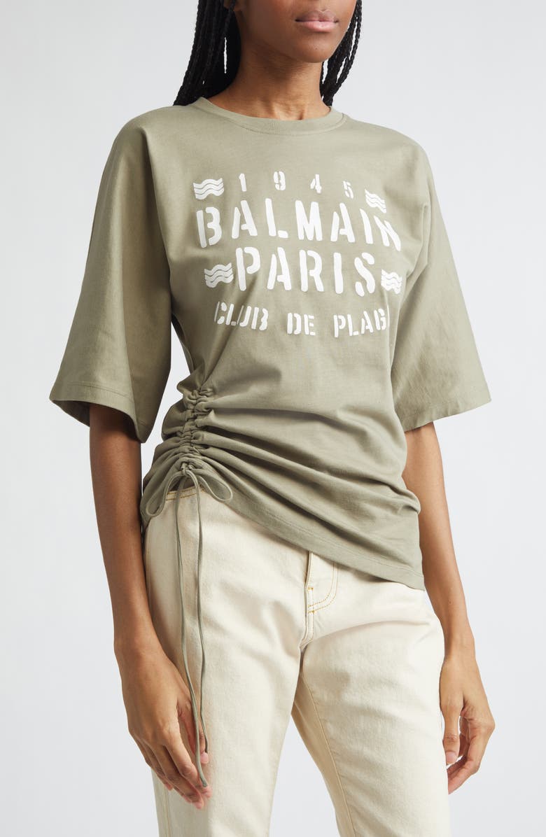 Balmain Club 45 Ruched Graphic T-Shirt, Alternate, color, Uja Pale Green/ Multi