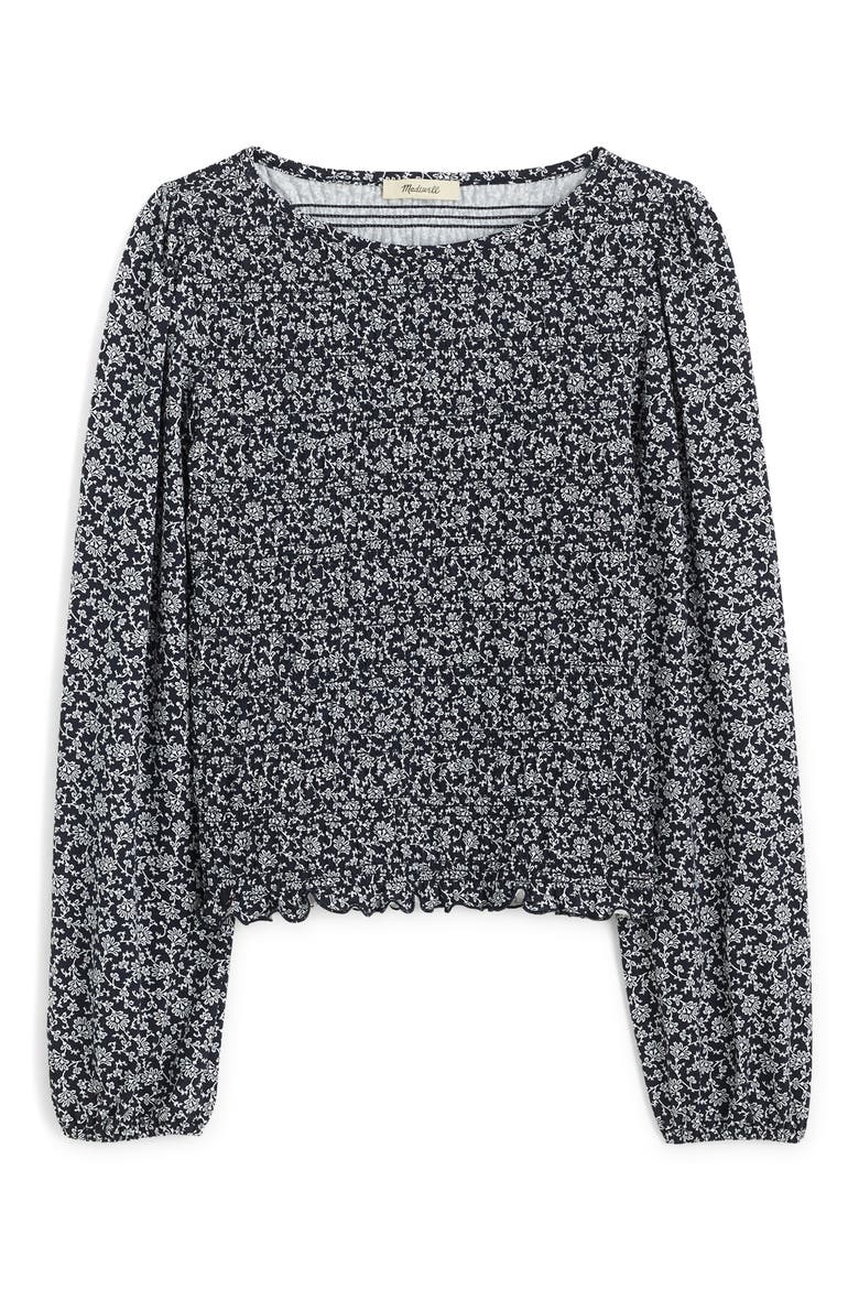 Smocked Boat Neck Long Sleeve Cotton Blend Top, Alternate, color, CLASSIC NAVY