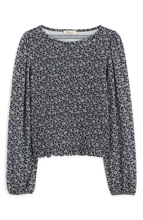 Smocked Boat Neck Long Sleeve Cotton Blend Top