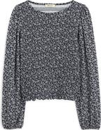 Madewell Smocked Boat Neck Long Sleeve Cotton Blend Top