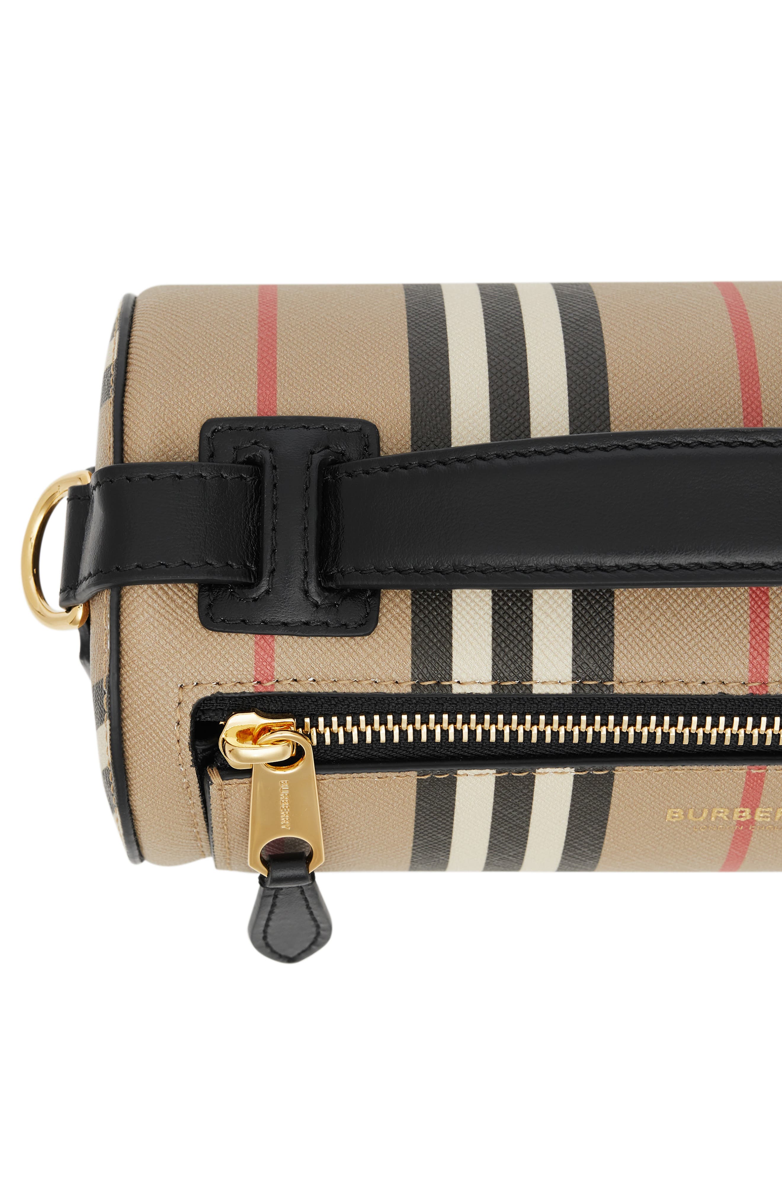 Burberry Icon Stripe E-Canvas & Leather Barrel Bag, Alternate, color, 