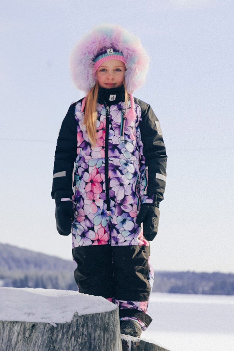 Play Floral Faux Fur Hood & Expandable Sleeve One Piece Snowsuit, Alternate, color, Purple Floral Print