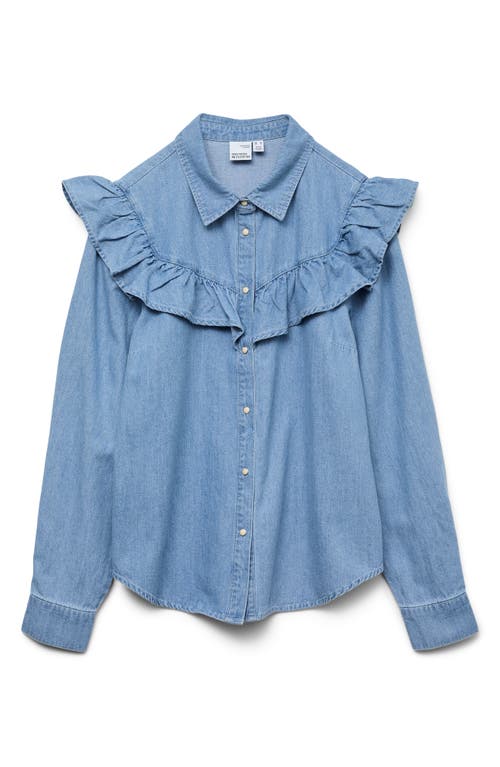 Vero Moda Uli Ruffle Yoke Denim Button-up Shirt In Blue
