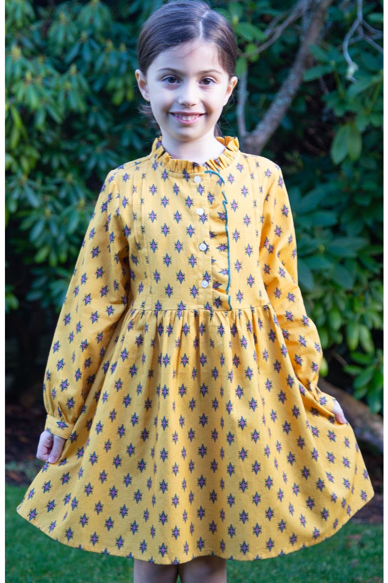 Toddler Girls' Long Sleeves Dress with Front Ruffle| Yellow and Pink, Alternate, color, Yellow and Pink