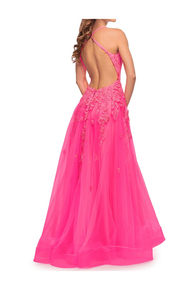 La Femme Gorgeous Lace and Tulle Ball Gown with High Slit in Neon Pink, Alternate, color, Neon Pink