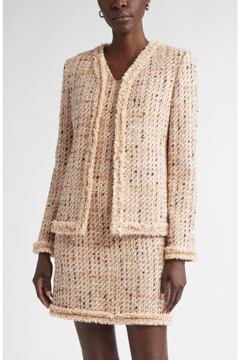 Susan Fringe Trim Metallic Tweed Jacket, Main, color, POWER ROSE/ ACORN MULTI