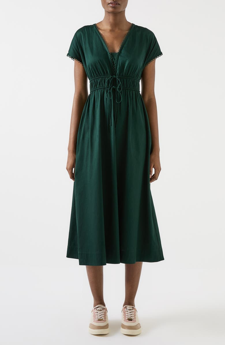 LK Bennett Emi Scallop Trim Cotton Dress, Main, color, Dark Green