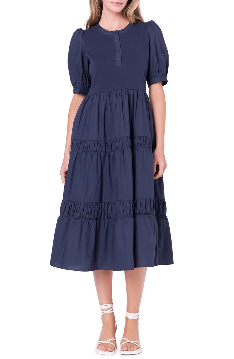 English Factory Mixed Media Tiered Midi Dress, Main, color, 