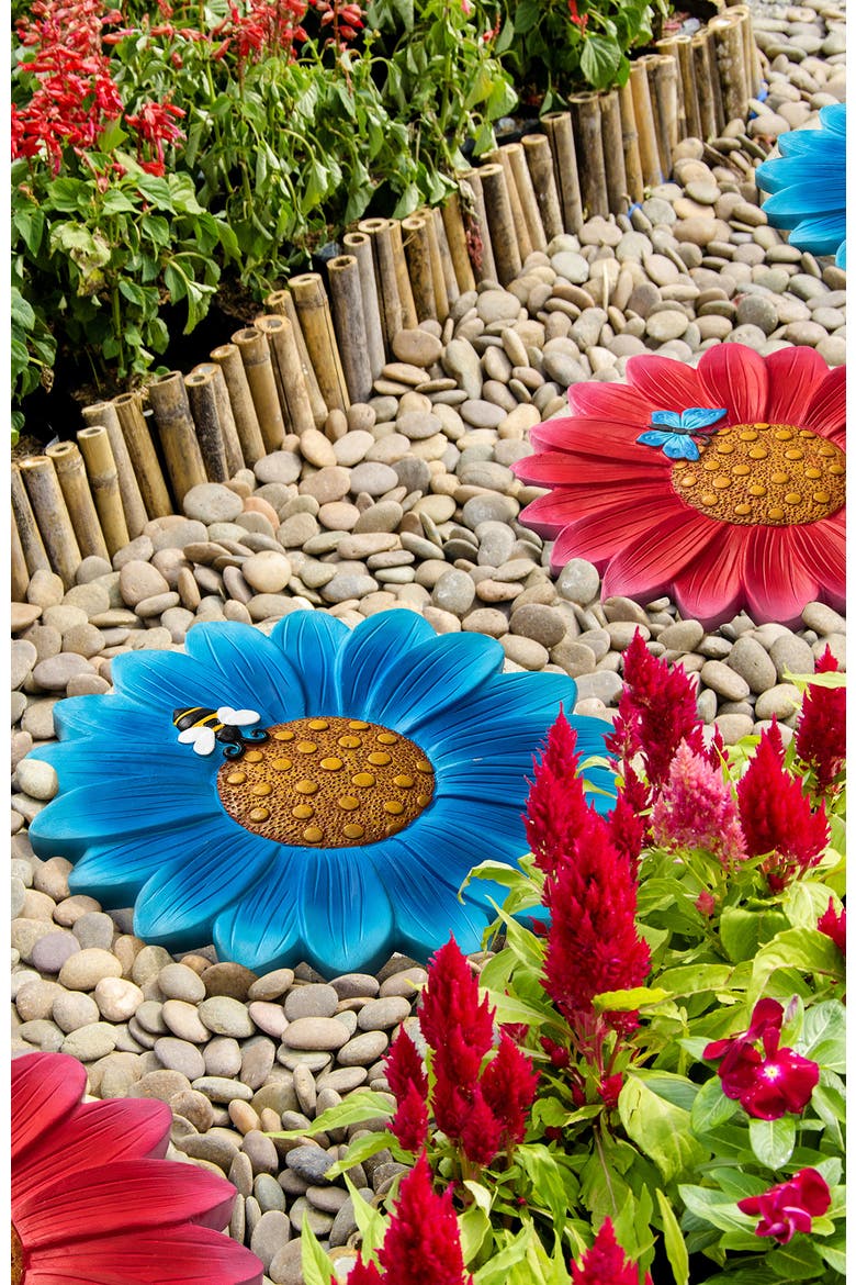 Set of 2 Cement Flower Style and Textured Stepping Stones with Butterfly and Bee, Alternate, color, Blue
